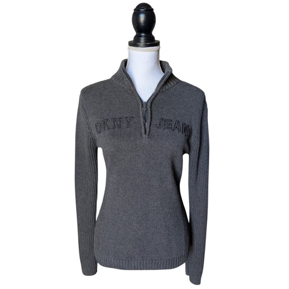 Vintage DKNY Jeans Gray Embroidered Chunky Knit 1/4 Zip Mock Neck Sweater Y2K